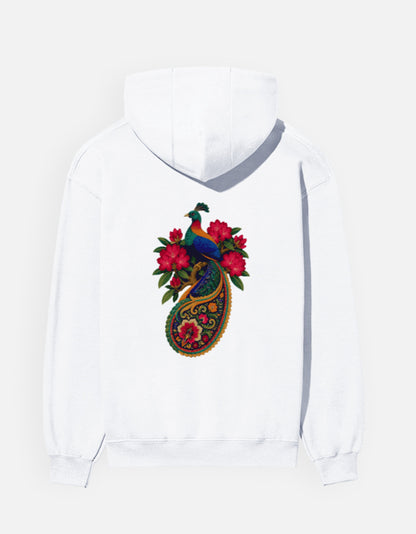 Monal hoodie in White – Himalayan monal pheasant on a floral paisley back print, back view, Bonzo Peter's