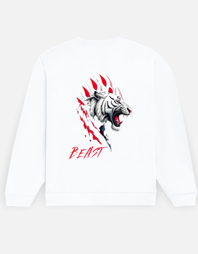 Beast Tiger sweatshirt in White – white tiger face with red claw marks and 'BEAST' back print, back view, Bonzo Peter's