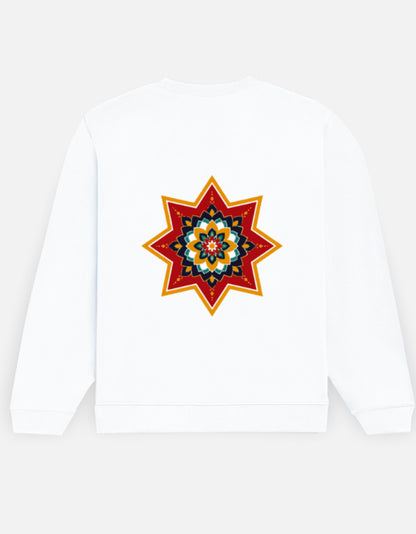 Ajrakh Star sweatshirt in White – large Ajrakh star back print, back view, Bonzo Peter's