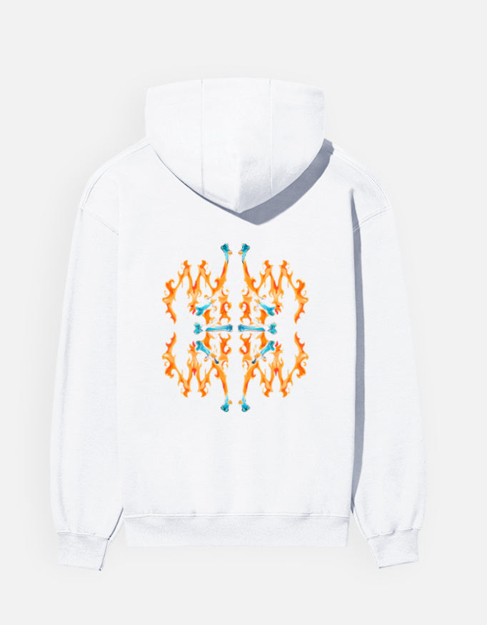 Fire Inside hoodie in White – symmetrical orange flame and teal bone pattern back print, back view, Bonzo Peter's