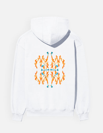 Fire Inside hoodie in White – symmetrical orange flame and teal bone pattern back print, back view, Bonzo Peter's
