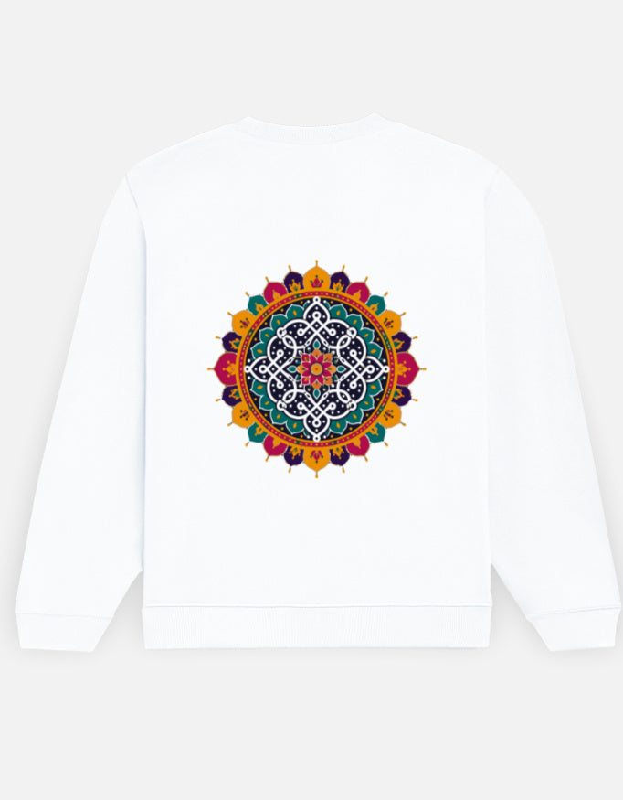 Kolam Mandala sweatshirt in White – large kolam mandala back print, back view, Bonzo Peter's
