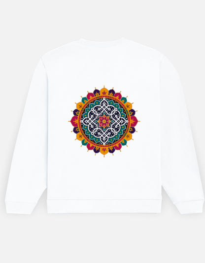 Kolam Mandala sweatshirt in White – large kolam mandala back print, back view, Bonzo Peter's