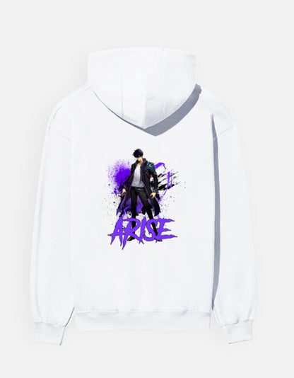 Arise hoodie in White – figure in a long black coat with violet splatter and purple 'ARISE' lettering back print, Bonzo Peter's