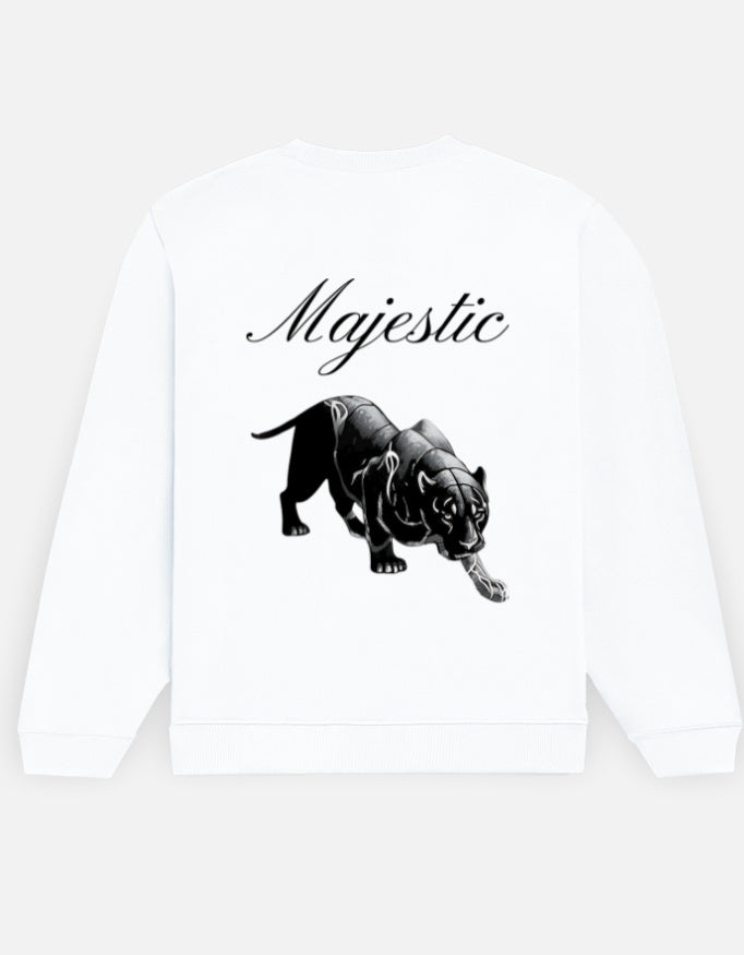Majestic Panther sweatshirt in White – 'Majestic' script above a prowling black panther back print, back view, Bonzo Peter's