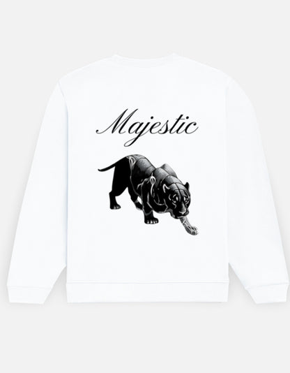 Majestic Panther sweatshirt in White – 'Majestic' script above a prowling black panther back print, back view, Bonzo Peter's