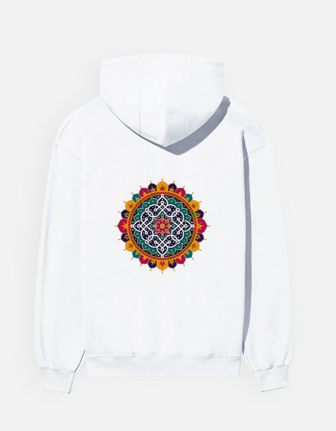 Kolam Mandala hoodie in White – large kolam mandala back print, back view, Bonzo Peter's