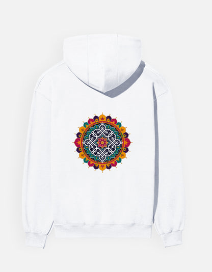 Kolam Mandala hoodie in White – large kolam mandala back print, back view, Bonzo Peter's