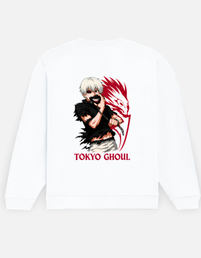 Tokyo Ghoul sweatshirt in White – masked white-haired character with a red creature shape and 'TOKYO GHOUL' lettering back print, Bonzo Peter's