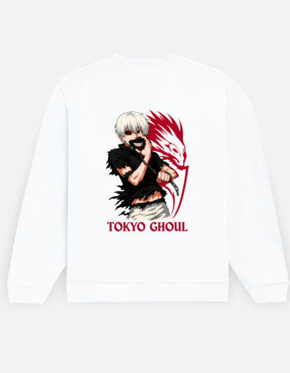 Tokyo Ghoul sweatshirt in White – masked white-haired character with a red creature shape and 'TOKYO GHOUL' lettering back print, Bonzo Peter's