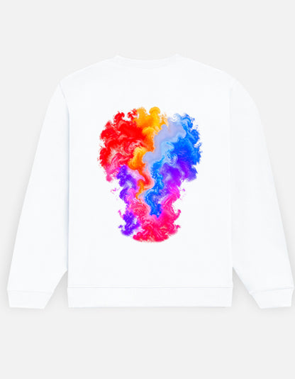 Colour Smoke sweatshirt in White – tall multicolour smoke plume back print, back view, Bonzo Peter's