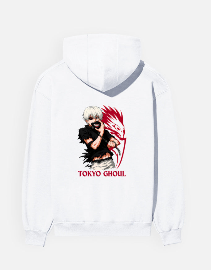 Tokyo Ghoul hoodie in White – masked white-haired character with a red creature shape and 'TOKYO GHOUL' lettering back print, Bonzo Peter's
