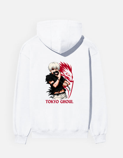 Tokyo Ghoul hoodie in White – masked white-haired character with a red creature shape and 'TOKYO GHOUL' lettering back print, Bonzo Peter's