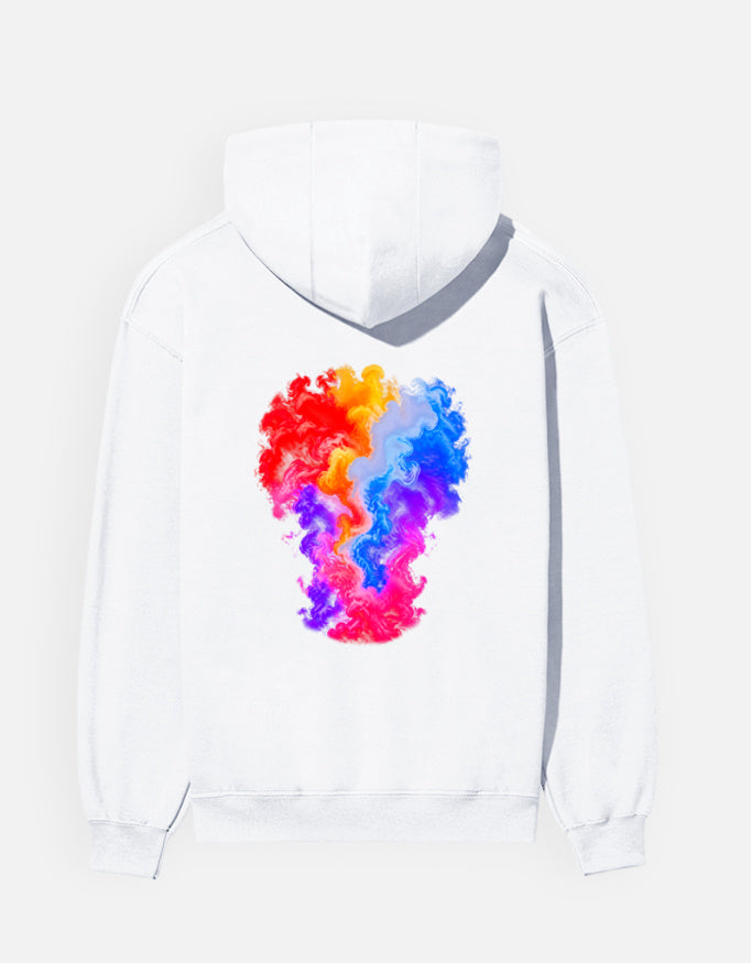 Colour Smoke hoodie in White – tall multicolour smoke plume back print, back view, Bonzo Peter's
