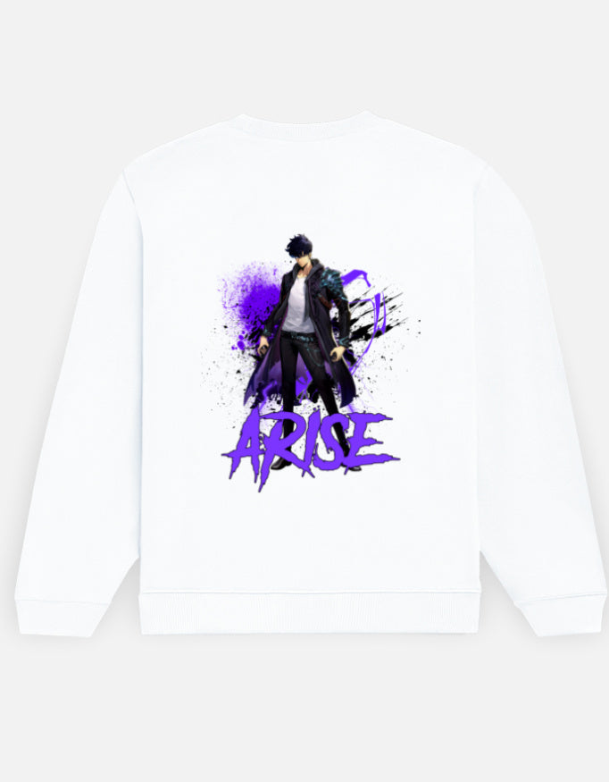 Arise sweatshirt in White – figure in a long black coat with violet splatter and purple 'ARISE' lettering back print, Bonzo Peter's