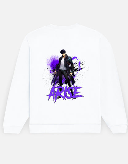 Arise sweatshirt in White – figure in a long black coat with violet splatter and purple 'ARISE' lettering back print, Bonzo Peter's
