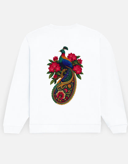 Monal sweatshirt in White – Himalayan monal pheasant on a floral paisley back print, back view, Bonzo Peter's