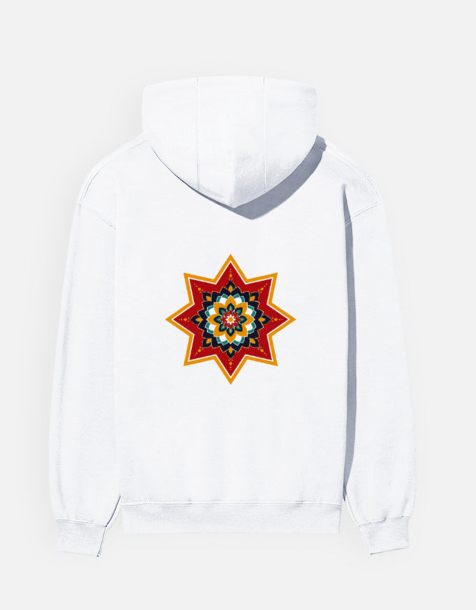 Ajrakh Star hoodie in White – large Ajrakh star back print, back view, Bonzo Peter's