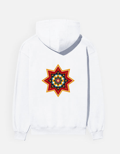 Ajrakh Star hoodie in White – large Ajrakh star back print, back view, Bonzo Peter's