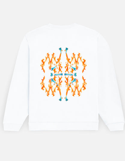 Fire Inside sweatshirt in White – symmetrical orange flame and teal bone pattern back print, back view, Bonzo Peter's