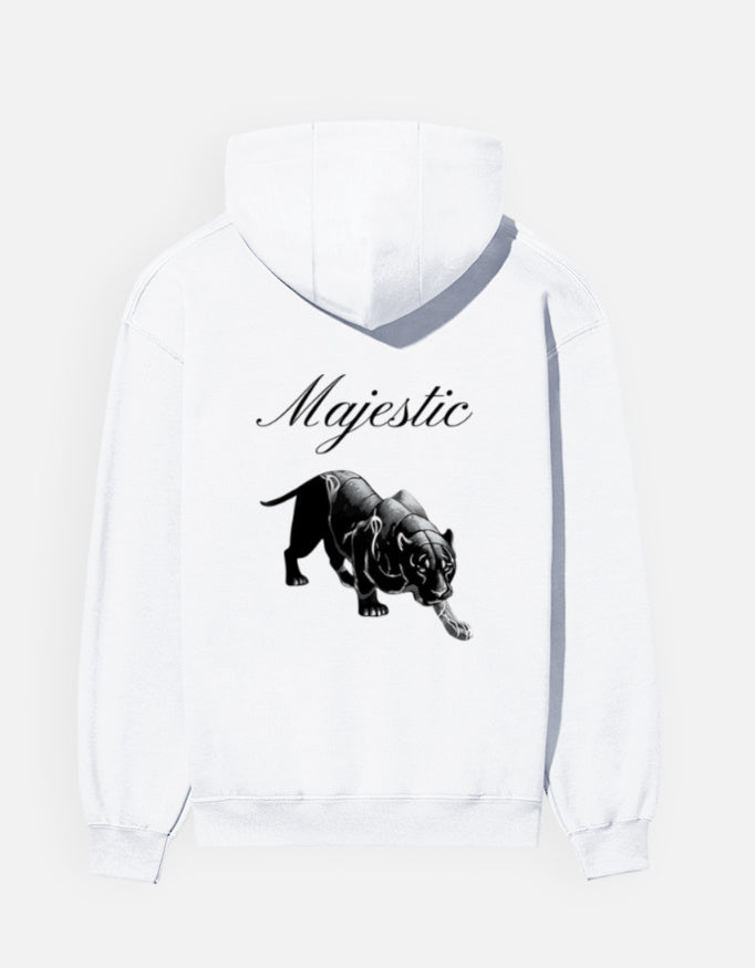 Majestic Panther hoodie in White – 'Majestic' script above a prowling black panther back print, back view, Bonzo Peter's