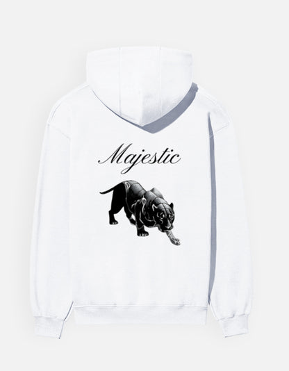 Majestic Panther hoodie in White – 'Majestic' script above a prowling black panther back print, back view, Bonzo Peter's