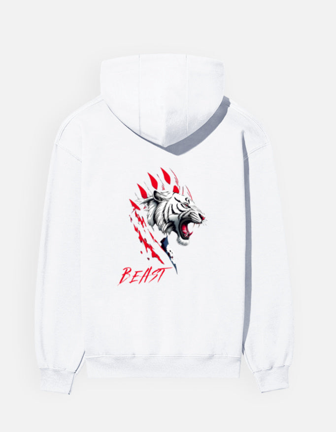 Beast Tiger hoodie in White – white tiger face with red claw marks and 'BEAST' back print, back view, Bonzo Peter's