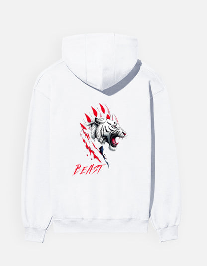 Beast Tiger hoodie in White – white tiger face with red claw marks and 'BEAST' back print, back view, Bonzo Peter's