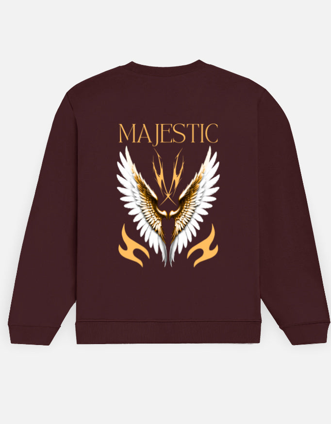Majestic Wings sweatshirt in Maroon – gold 'MAJESTIC' wordmark above white-and-gold wings back print, back view, Bonzo Peter's