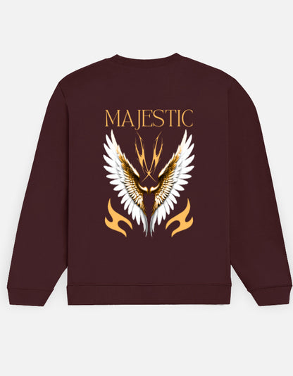 Majestic Wings sweatshirt in Maroon – gold 'MAJESTIC' wordmark above white-and-gold wings back print, back view, Bonzo Peter's
