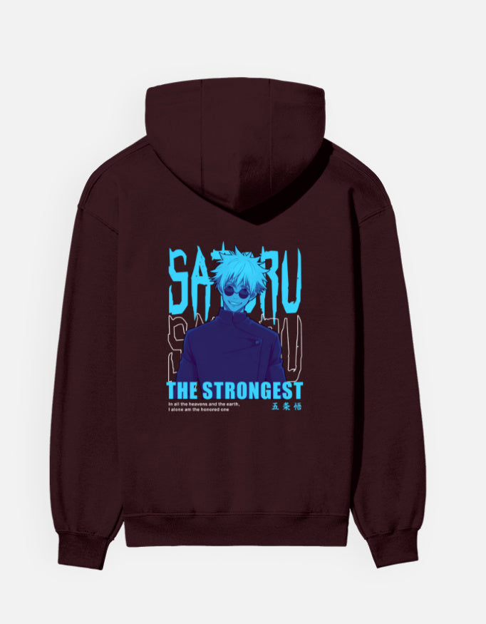 Satoru Gojo The Strongest hoodie in Maroon – cyan 'SATORU' and 'THE STRONGEST' lettering with a character in round dark glasses back print, Bonzo Peter's