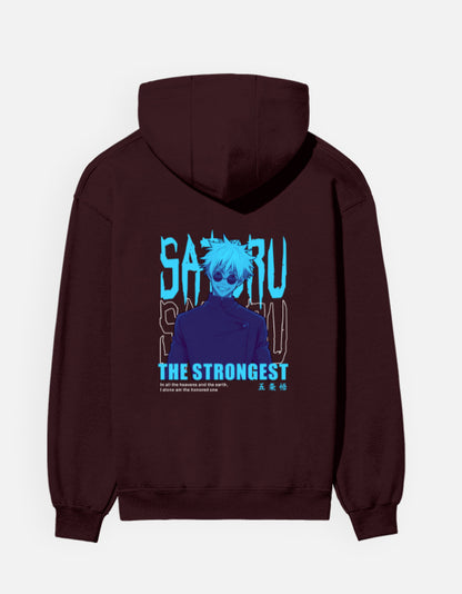 Satoru Gojo The Strongest hoodie in Maroon – cyan 'SATORU' and 'THE STRONGEST' lettering with a character in round dark glasses back print, Bonzo Peter's