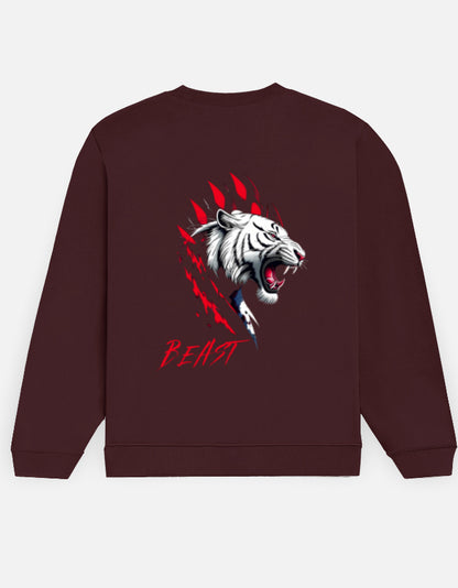 Beast Tiger sweatshirt in Maroon – white tiger face with red claw marks and 'BEAST' back print, back view, Bonzo Peter's