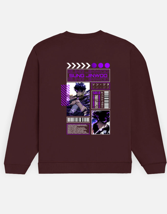 Sung Jinwoo sweatshirt in Maroon – manga-panel layout with purple 'SUNG JINWOO' lettering and a fighter in violet lightning back print, Bonzo Peter's
