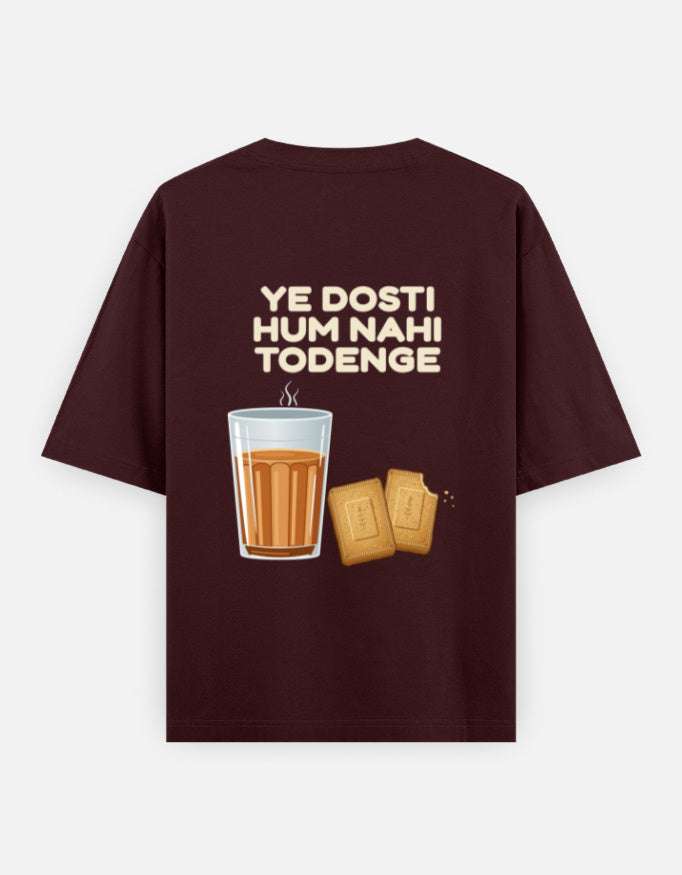 Ye Dosti Hum Nahi Todenge oversized T-shirt in Maroon – cutting chai and biscuits back print, back view, Bonzo Peter's
