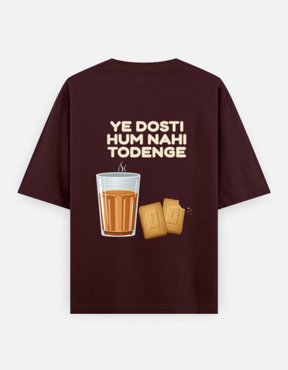 Ye Dosti Hum Nahi Todenge oversized T-shirt in Maroon – cutting chai and biscuits back print, back view, Bonzo Peter's