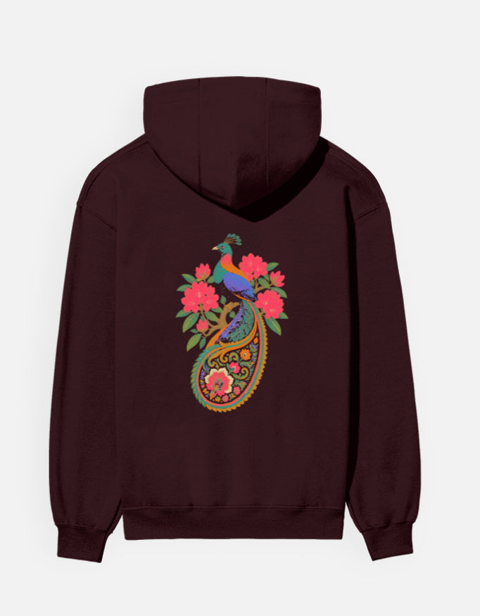 Monal hoodie in Maroon – Himalayan monal pheasant on a floral paisley back print, back view, Bonzo Peter's