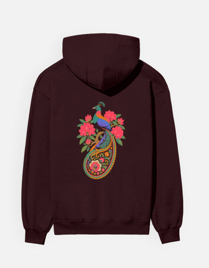 Monal hoodie in Maroon – Himalayan monal pheasant on a floral paisley back print, back view, Bonzo Peter's