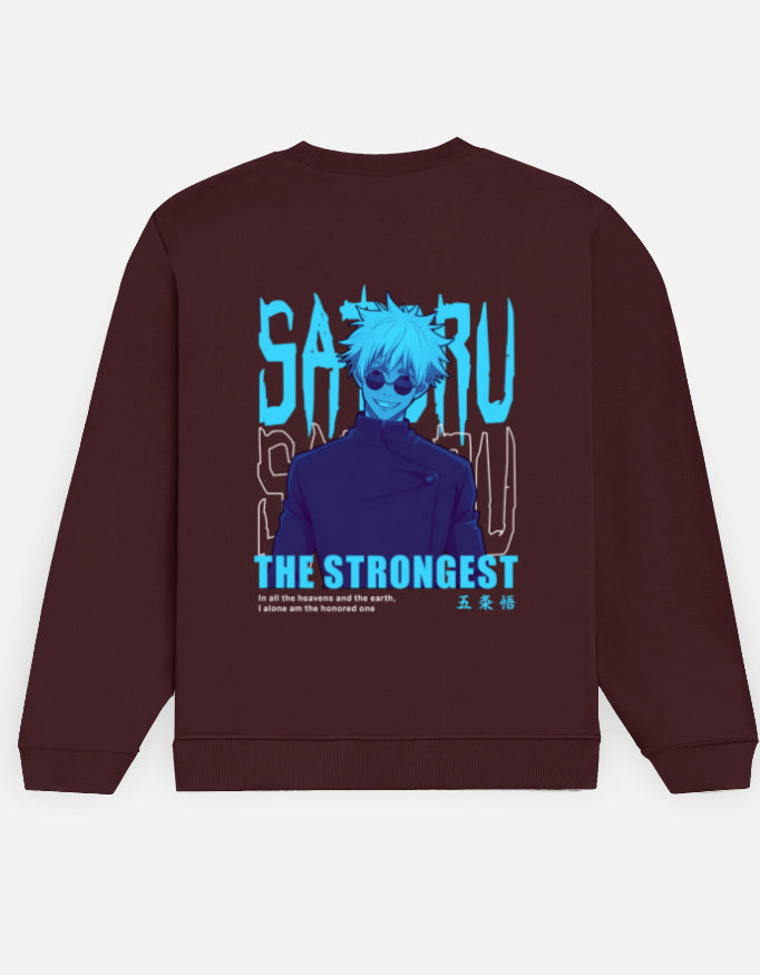 Satoru Gojo The Strongest sweatshirt in Maroon – cyan 'SATORU' and 'THE STRONGEST' lettering with a character in round dark glasses back print, Bonzo Peter's