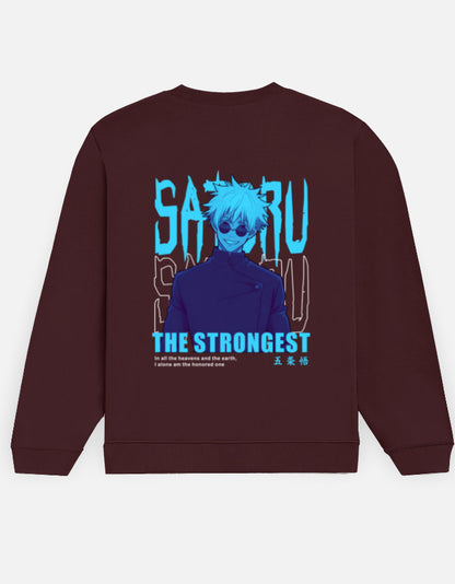 Satoru Gojo The Strongest sweatshirt in Maroon – cyan 'SATORU' and 'THE STRONGEST' lettering with a character in round dark glasses back print, Bonzo Peter's