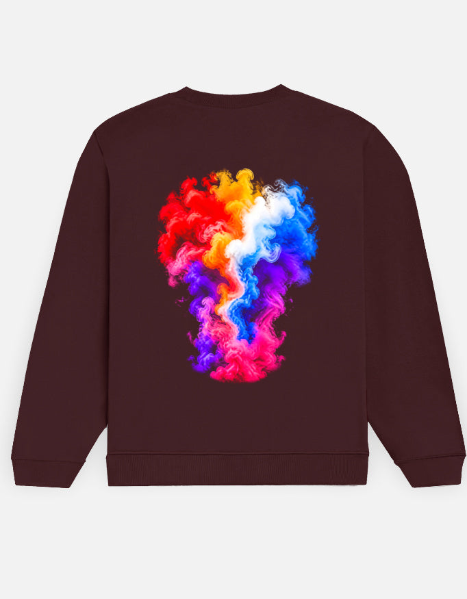 Colour Smoke sweatshirt in Maroon – tall multicolour smoke plume back print, back view, Bonzo Peter's