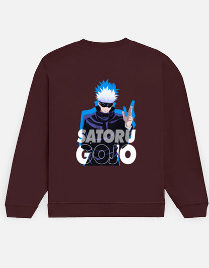 Satoru Gojo sweatshirt in Maroon – white-haired character in dark glasses with a blue outline and 'SATORU GOJO' lettering back print, Bonzo Peter's