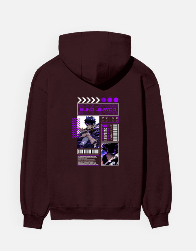 Sung Jinwoo hoodie in Maroon – manga-panel layout with purple 'SUNG JINWOO' lettering and a fighter in violet lightning back print, Bonzo Peter's