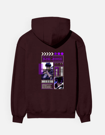 Sung Jinwoo hoodie in Maroon – manga-panel layout with purple 'SUNG JINWOO' lettering and a fighter in violet lightning back print, Bonzo Peter's