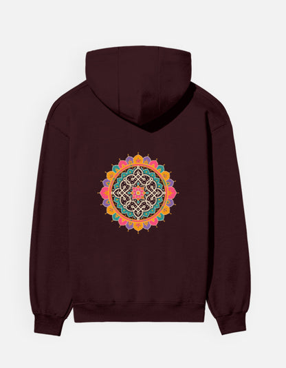 Kolam Mandala hoodie in Maroon – large kolam mandala back print, back view, Bonzo Peter's