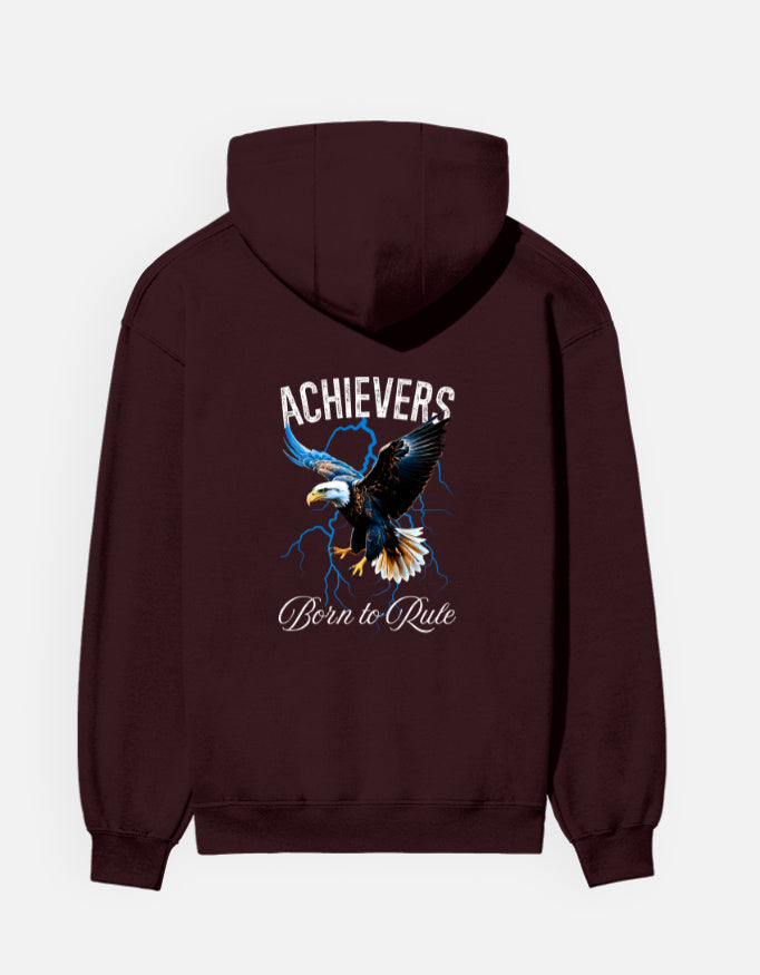 Achievers hoodie in Maroon – eagle in flight with 'ACHIEVERS' and 'Born to Rule' back print, back view, Bonzo Peter's