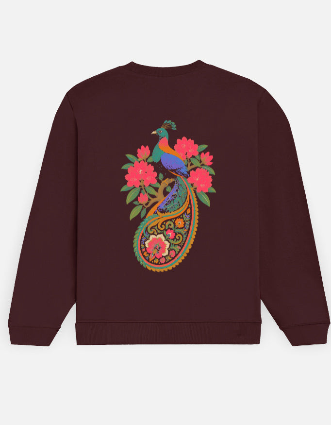 Monal sweatshirt in Maroon – Himalayan monal pheasant on a floral paisley back print, back view, Bonzo Peter's