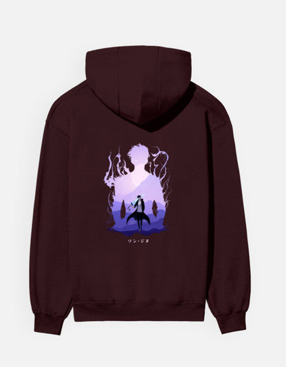 Solo Leveling Silhouette hoodie in Maroon – purple silhouette framing a lone swordsman in a misty mountain valley, Bonzo Peter's