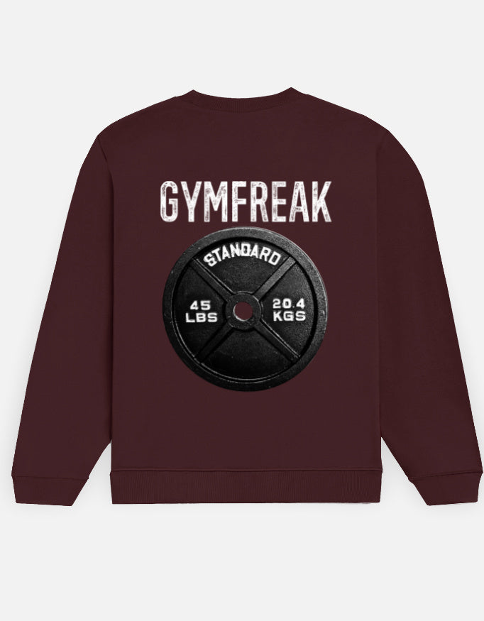 GymFreak sweatshirt in Maroon – 'GYMFREAK' lettering above a barbell plate back print, back view, Bonzo Peter's