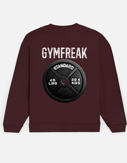 GymFreak sweatshirt in Maroon – 'GYMFREAK' lettering above a barbell plate back print, back view, Bonzo Peter's